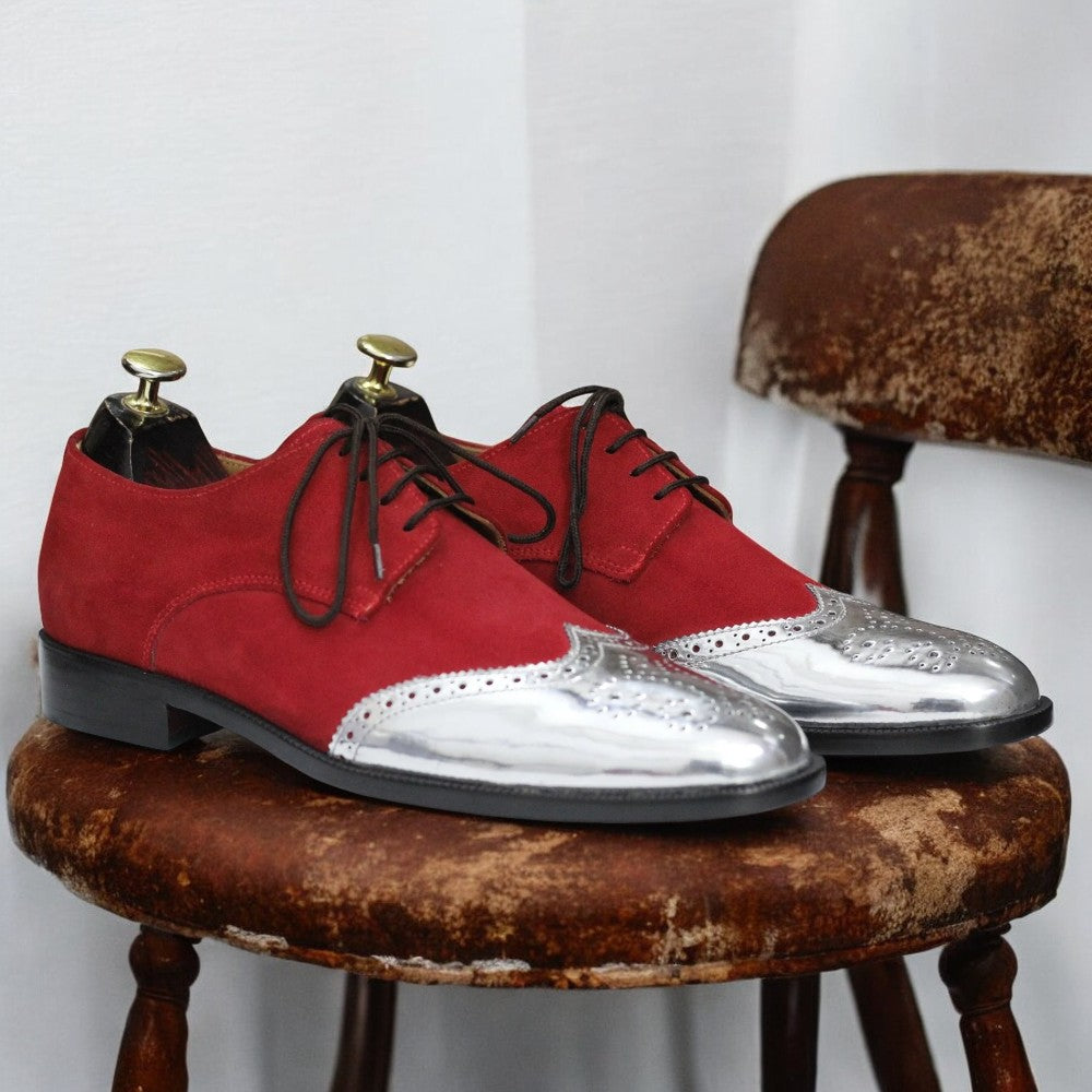 Handmade Goodyear Welted Suede Leather Wing Tip Brogue, Red & Silver Lace Up Shoes For Men's - Posh Footwears