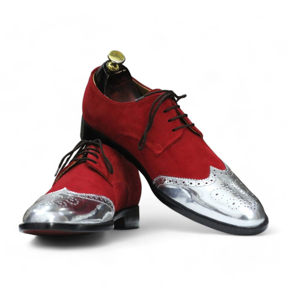 Handmade Goodyear Welted Suede Leather Wing Tip Brogue, Red & Silver Lace Up Shoes For Men's - Posh Footwear
