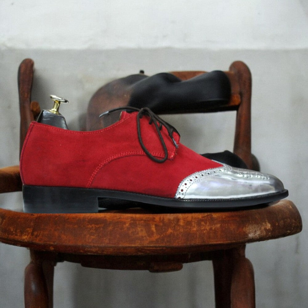 Handmade Goodyear Welted Suede Leather Wing Tip Brogue, Red & Silver Lace Up Shoes For Men's - Posh Footwears