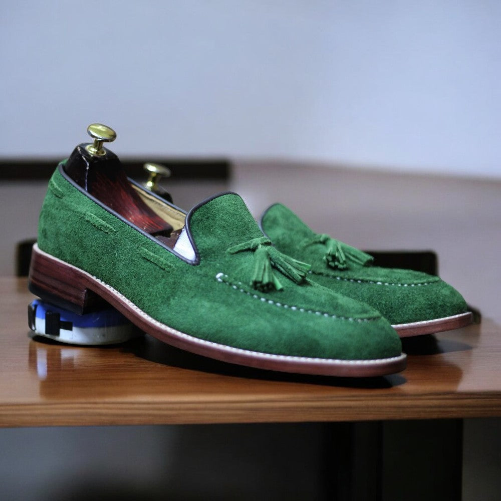 Handmade Goodyear Welted Green Suede Leather Tassel Loafers for Men