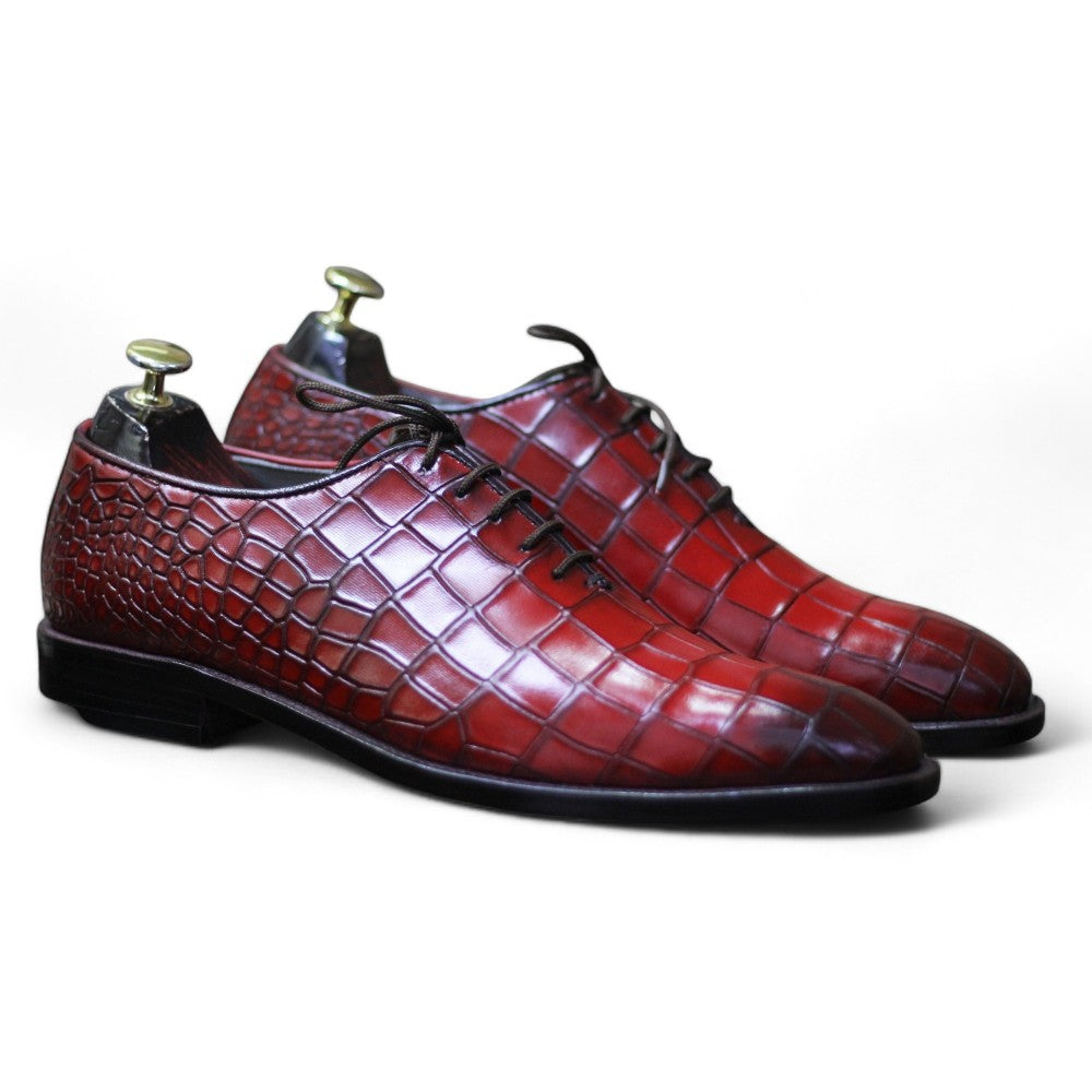 Handmade Men's Alligator Dress Shoes Leather Whole Cut Lace Up Dress Shoes, Alligator Texture Shoes - Posh Footwears Shoes