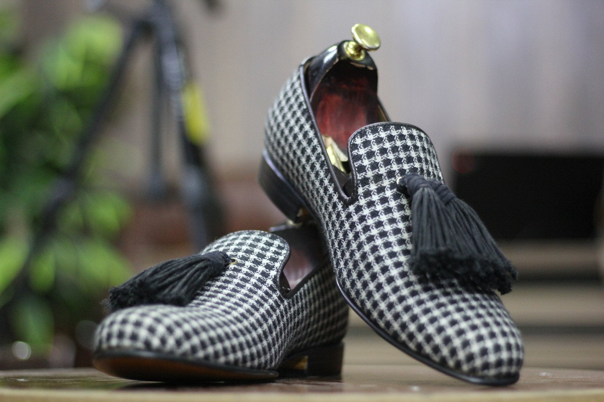 Handmade Men's Dogtooth Print Fabric Leather Tussles Loafers For Men, Dress Formal Slip On Shoes For Mens - Posh FootwearLoafers