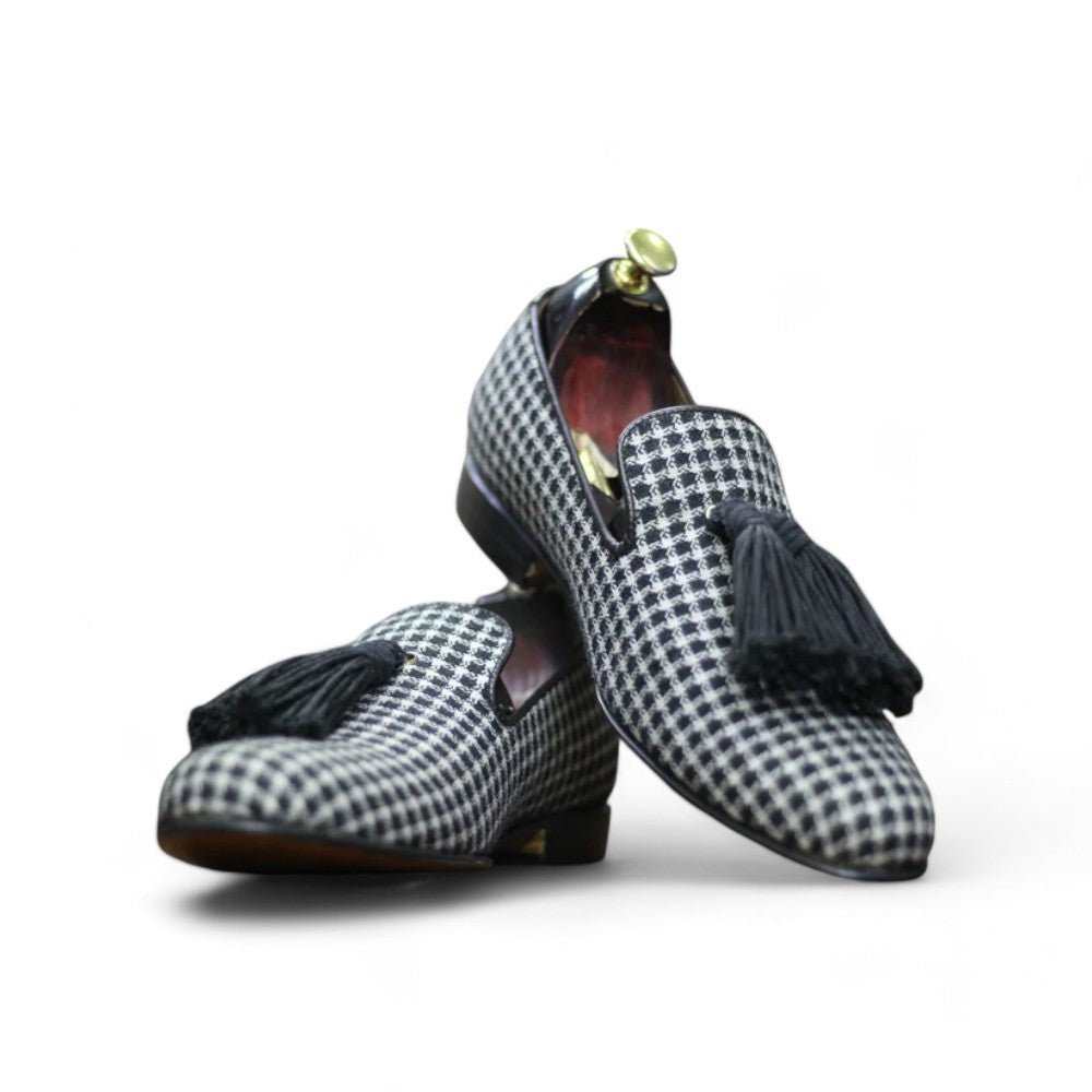 Handmade Men's Dogtooth Print Fabric Leather Tussles Loafers For Men, Dress Formal Slip On Shoes For Mens - Posh Footwears Loafers