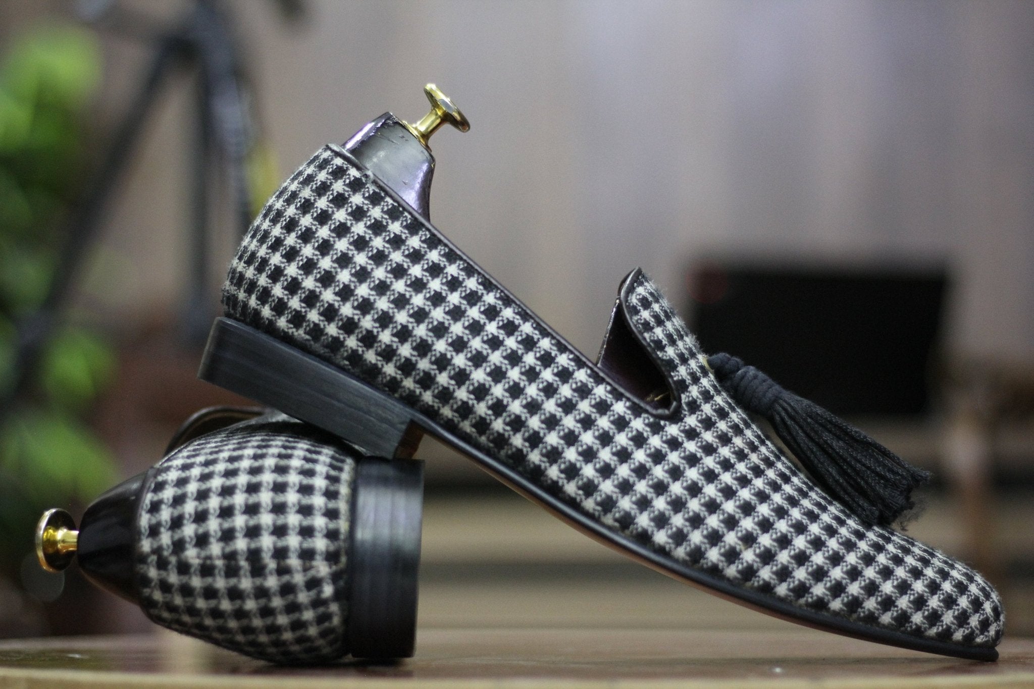 Handmade Men's Dogtooth Print Fabric Leather Tussles Loafers For Men, Dress Formal Slip On Shoes For Mens - Posh FootwearLoafers