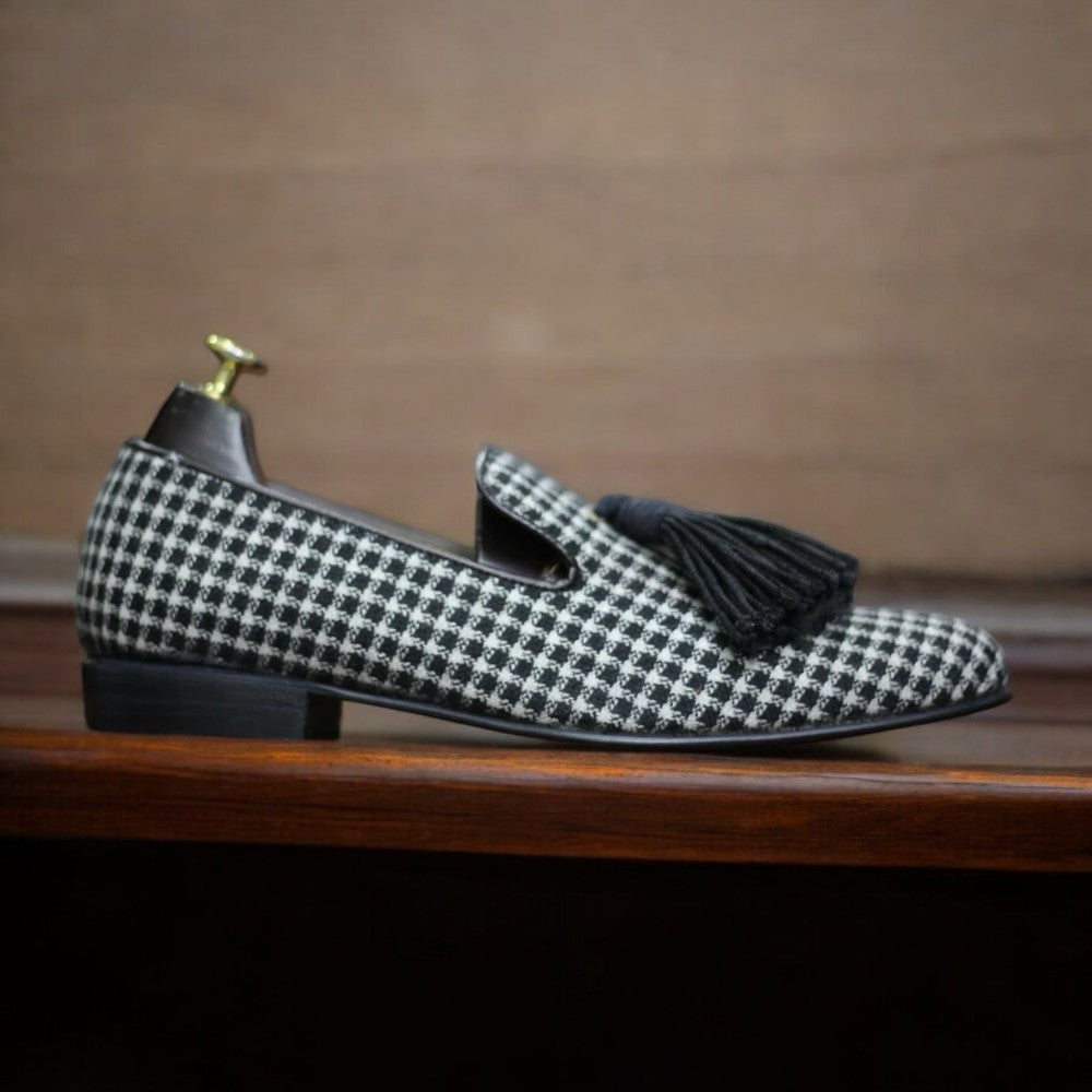 Handmade Men's Dogtooth Print Fabric Leather Tussles Loafers For Men, Dress Formal Slip On Shoes For Mens - Posh Footwears Loafers