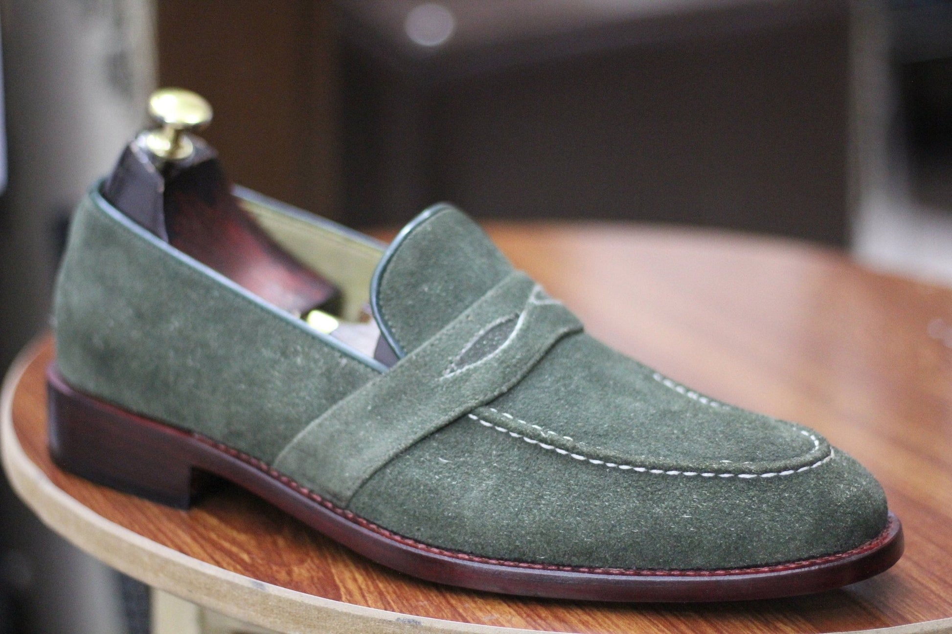 Handmade Men's Olive Green Suede Leather Round Toe Penny Loafers For Men, Dress Formal Slip On Shoes For Mens, Mens Designer Moccasins Shoes - Posh Footwear