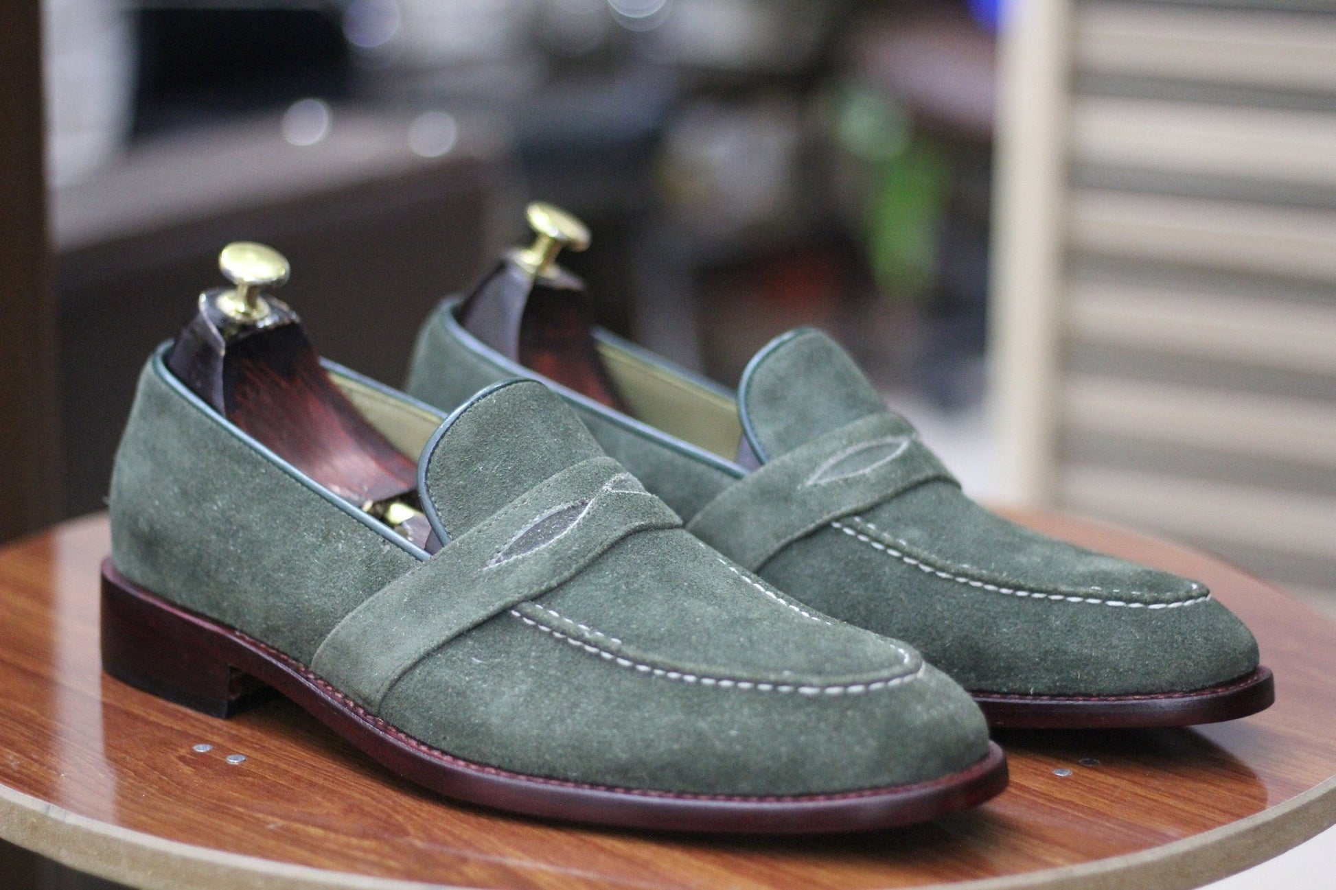 Handmade Men's Olive Green Suede Leather Round Toe Penny Loafers For Men, Dress Formal Slip On Shoes For Mens, Mens Designer Moccasins Shoes - Posh Footwear