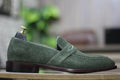 Handmade Men's Olive Green Suede Leather Round Toe Penny Loafers For Men, Dress Formal Slip On Shoes For Mens, Mens Designer Moccasins Shoes - Posh Footwear