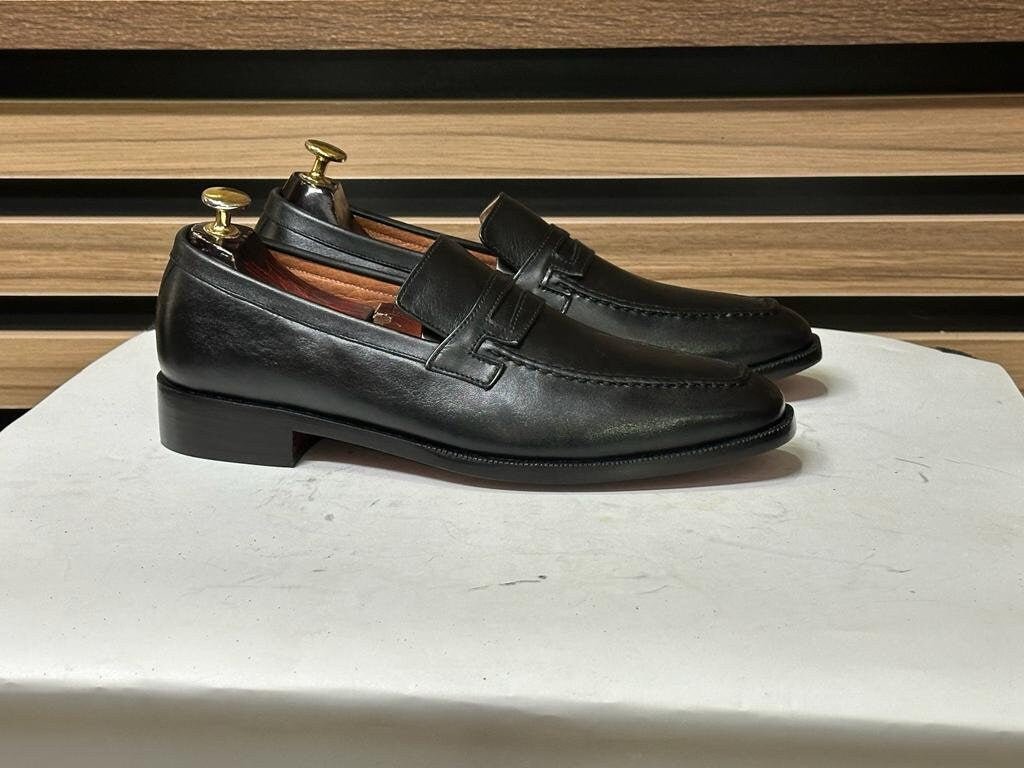 Handmade Penny Loafer Shoes, Leather Black Shoes For Men's - Posh Footwear