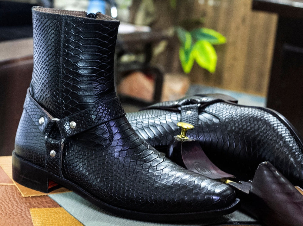 Handmade Python Textured Genuine Cow - Hide Leather Buckle Long Boots For Men, Ankle High Boots For Mens - Posh Footwear
