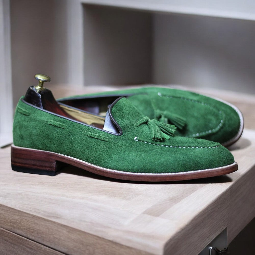 Handmade Goodyear Welted Green Suede Leather Tassel Loafers for Men