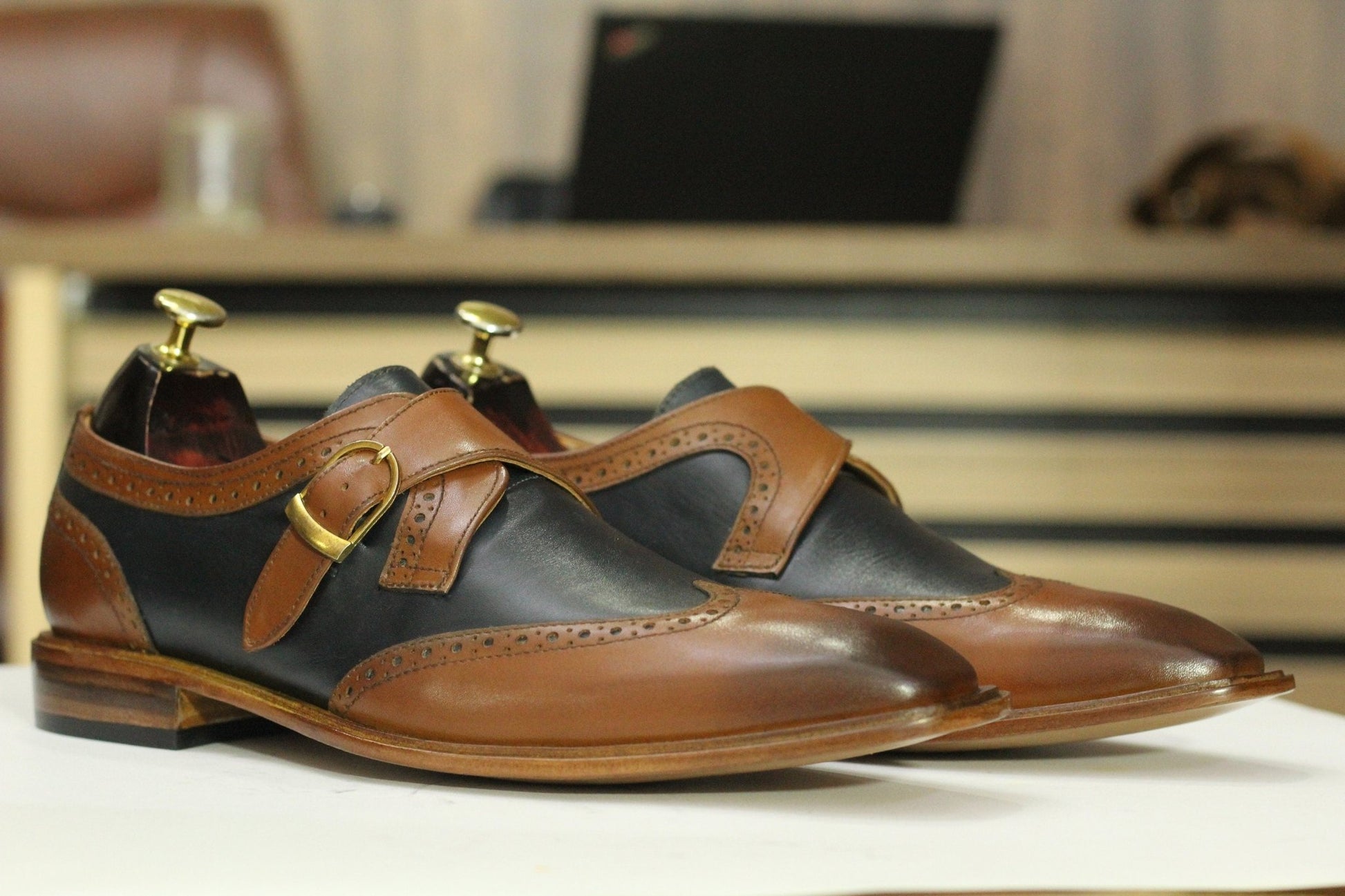Handmade Single monk Strap Wing Tip Shoes, Leather Two Tone Shoes For Men's - Posh Footwear