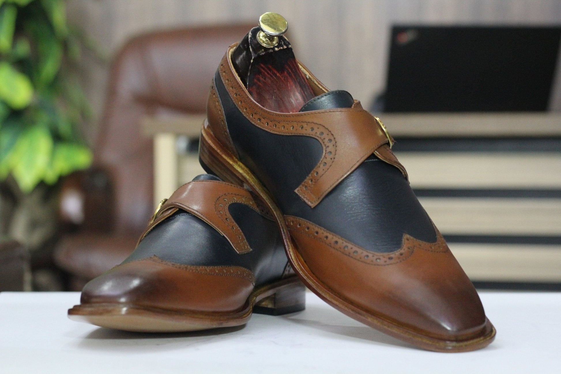 Handmade Single monk Strap Wing Tip Shoes, Leather Two Tone Shoes For Men's - Posh Footwear