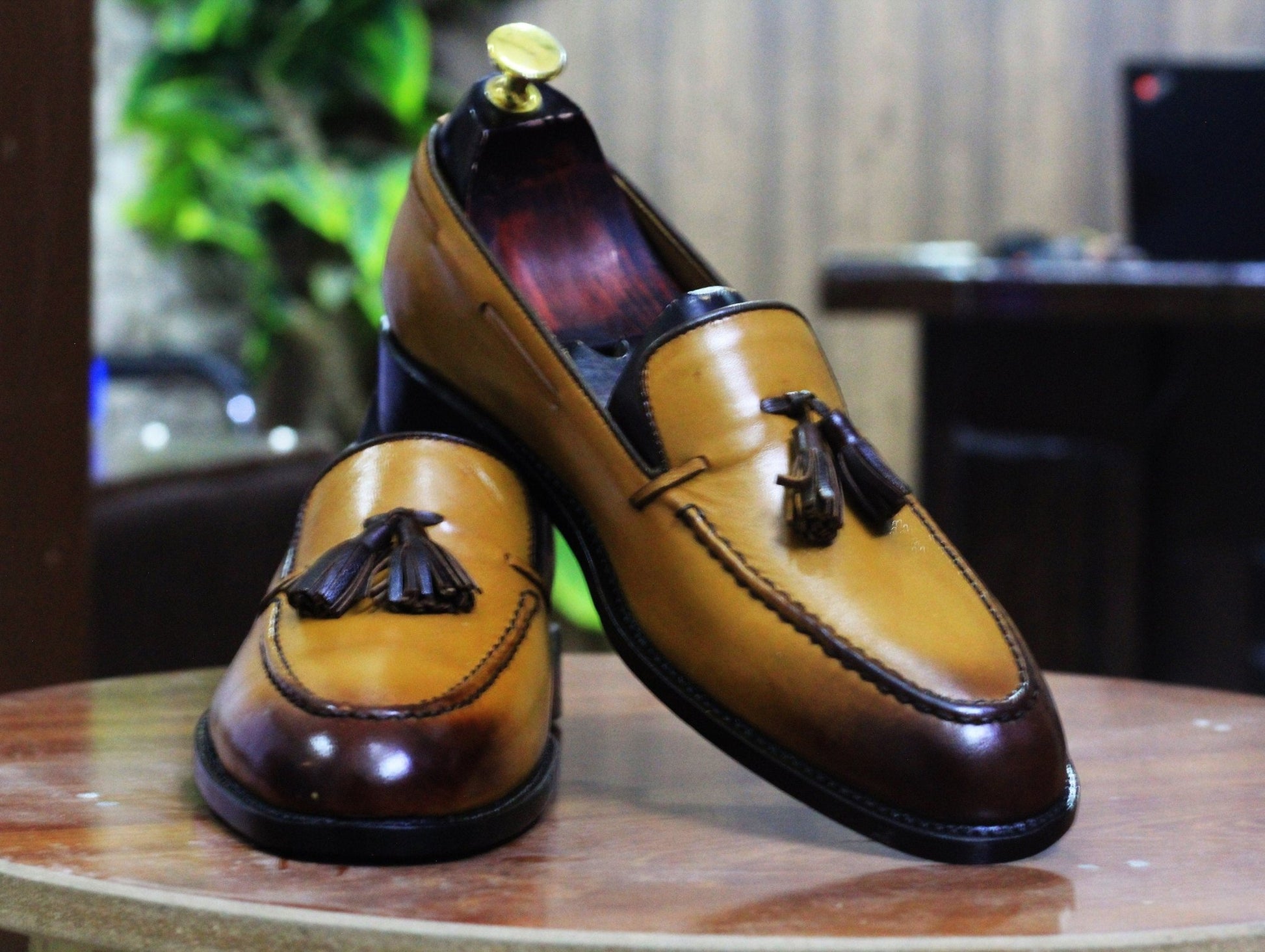 Handmade Tan Color Genuine Cow - Hide Leather Tussles Moccasins Shoes For Men, Slip On Loafers Shoes For Mens - Posh FootwearLoafers