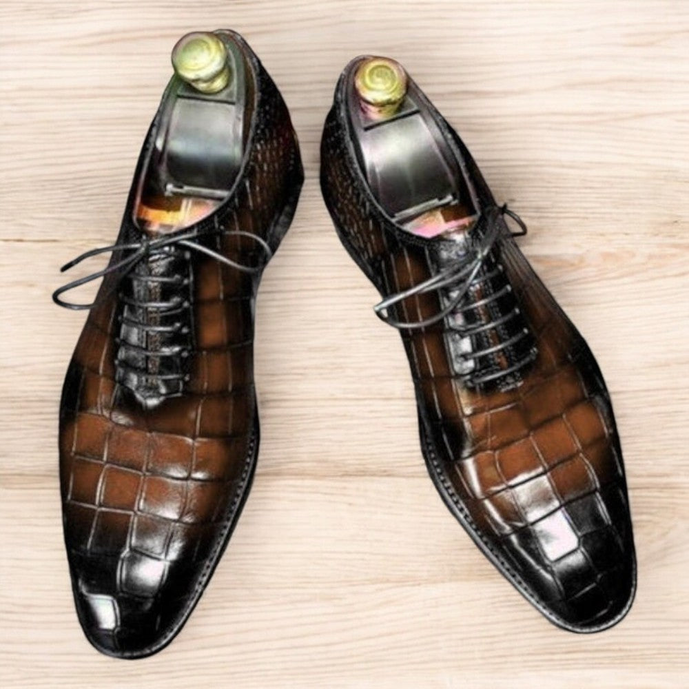  Handmade Two Tone Alligator Dress Shoes - Elegant Whole Cut Leather Lace-Up Shoes for Men
