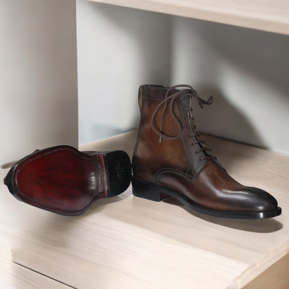 Men's Handmade Ankle High Brown Leather Boot with a classic design for versatile wear