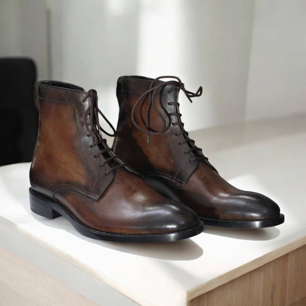 Men's Handmade Ankle High Brown Leather Boot with a classic design for versatile wear