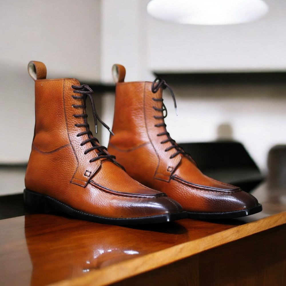 Handmade Two Tone Mustard Brown Lace Up Boots for Men – Stylish Leather Footwear