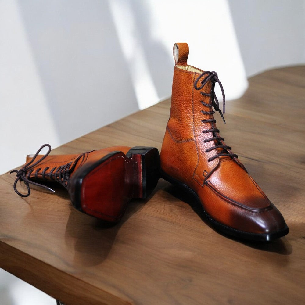 Handmade Two Tone Mustard Brown Lace Up Boots for Men – Stylish Leather Footwear
