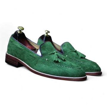 Handmade Goodyear Welted Green Suede Leather Tassel Loafers for Men