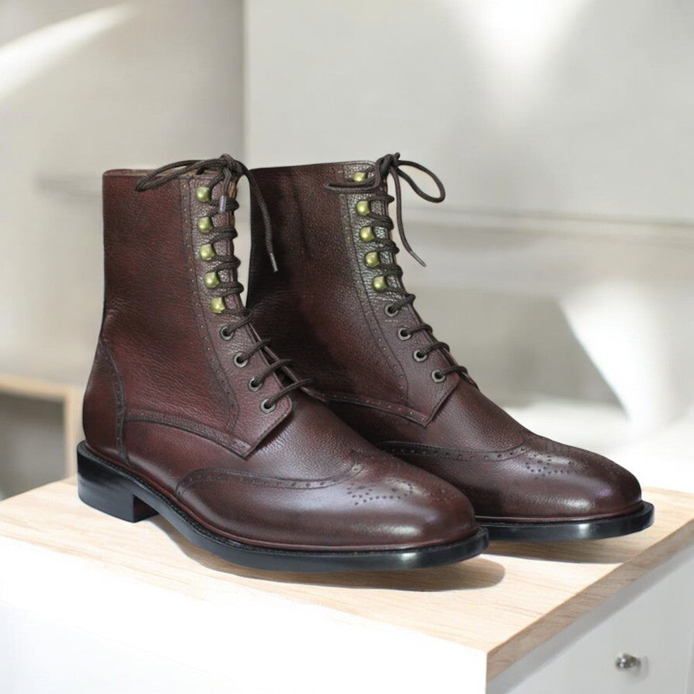 Men's Handmade Ankle High Brown Leather Boot with a classic design for versatile wear.