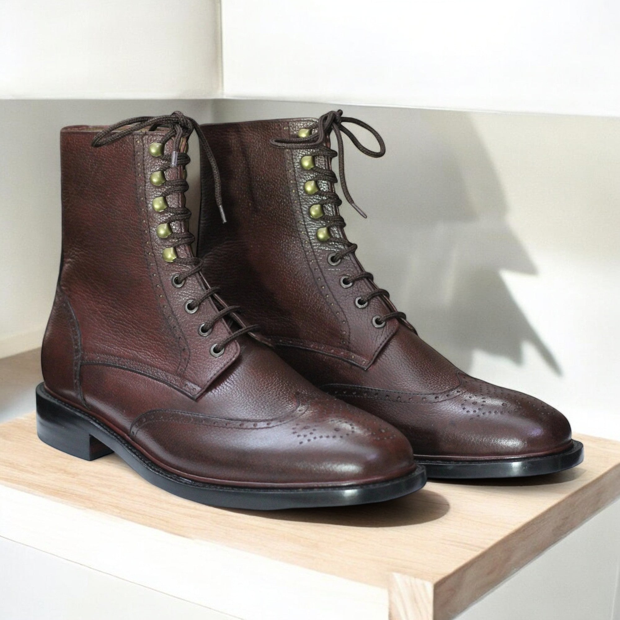 Handmade Wing Tip Brogue Boots, Leather Brow Boots For Men's