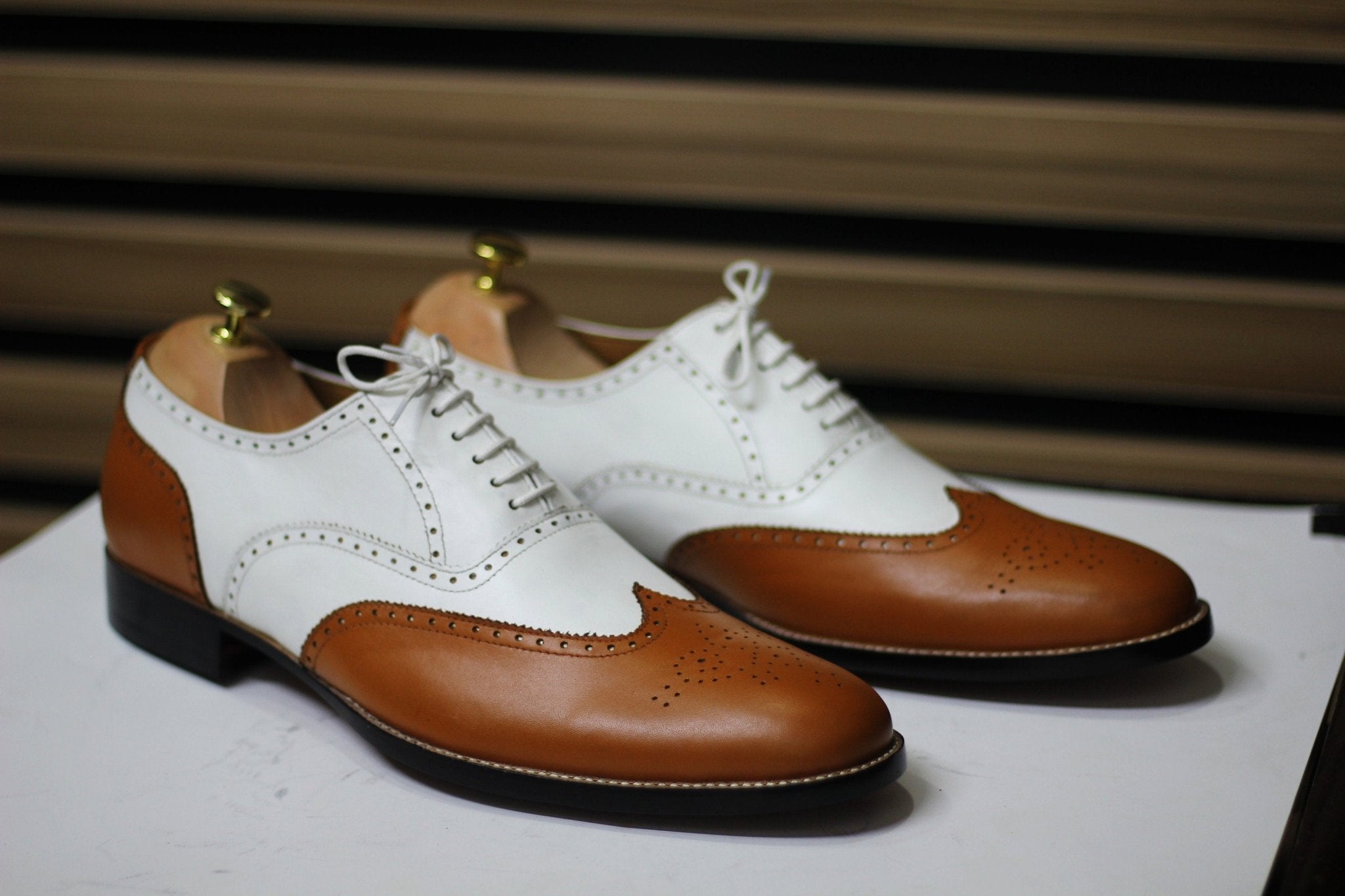 Handmade Wing Tip Brogue Brown & White Goodyear Welted Lace Up Shoes For Men's - Posh Footwear