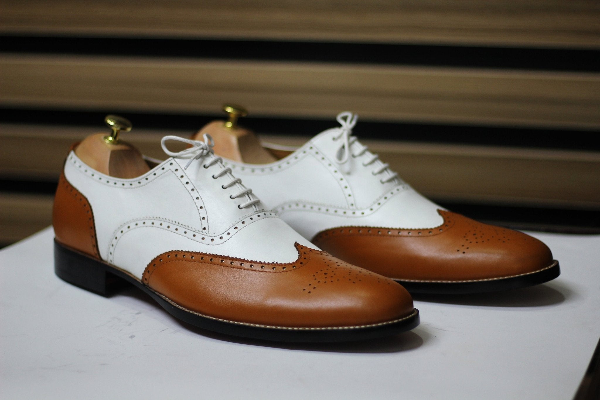 Handmade Wing Tip Brogue Brown & White Goodyear Welted Lace Up Shoes For Men's - Posh Footwear