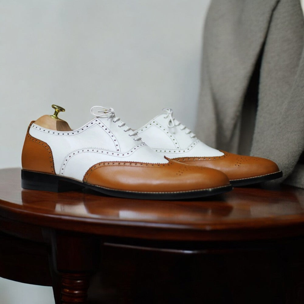 Handmade Wing Tip Brogue Brown & White Goodyear Welted Lace Up Shoes For Men's