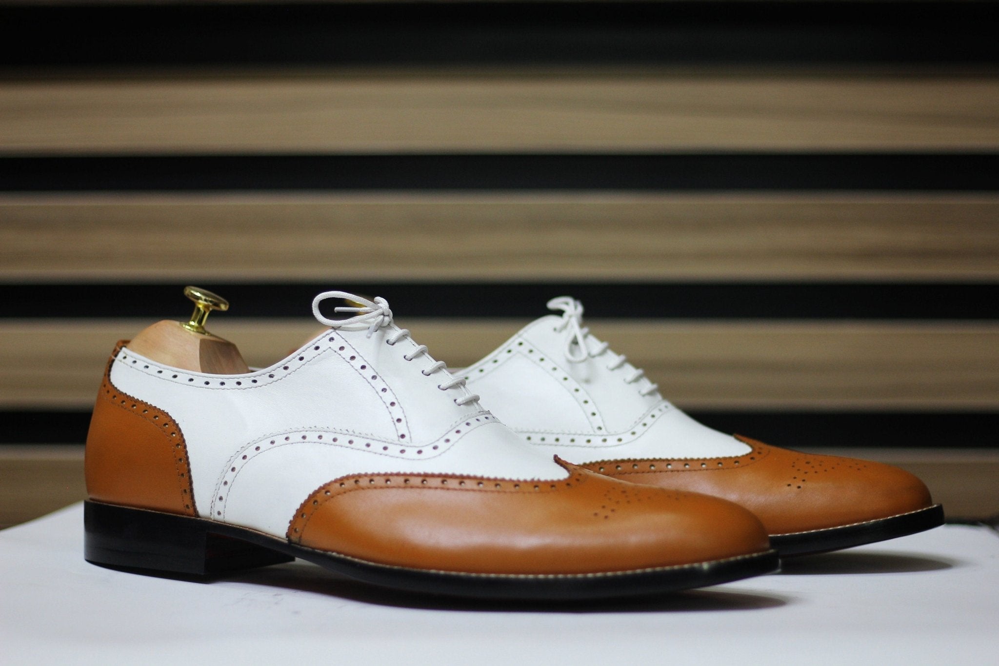 Handmade Wing Tip Brogue Brown & White Goodyear Welted Lace Up Shoes For Men's - Posh Footwear