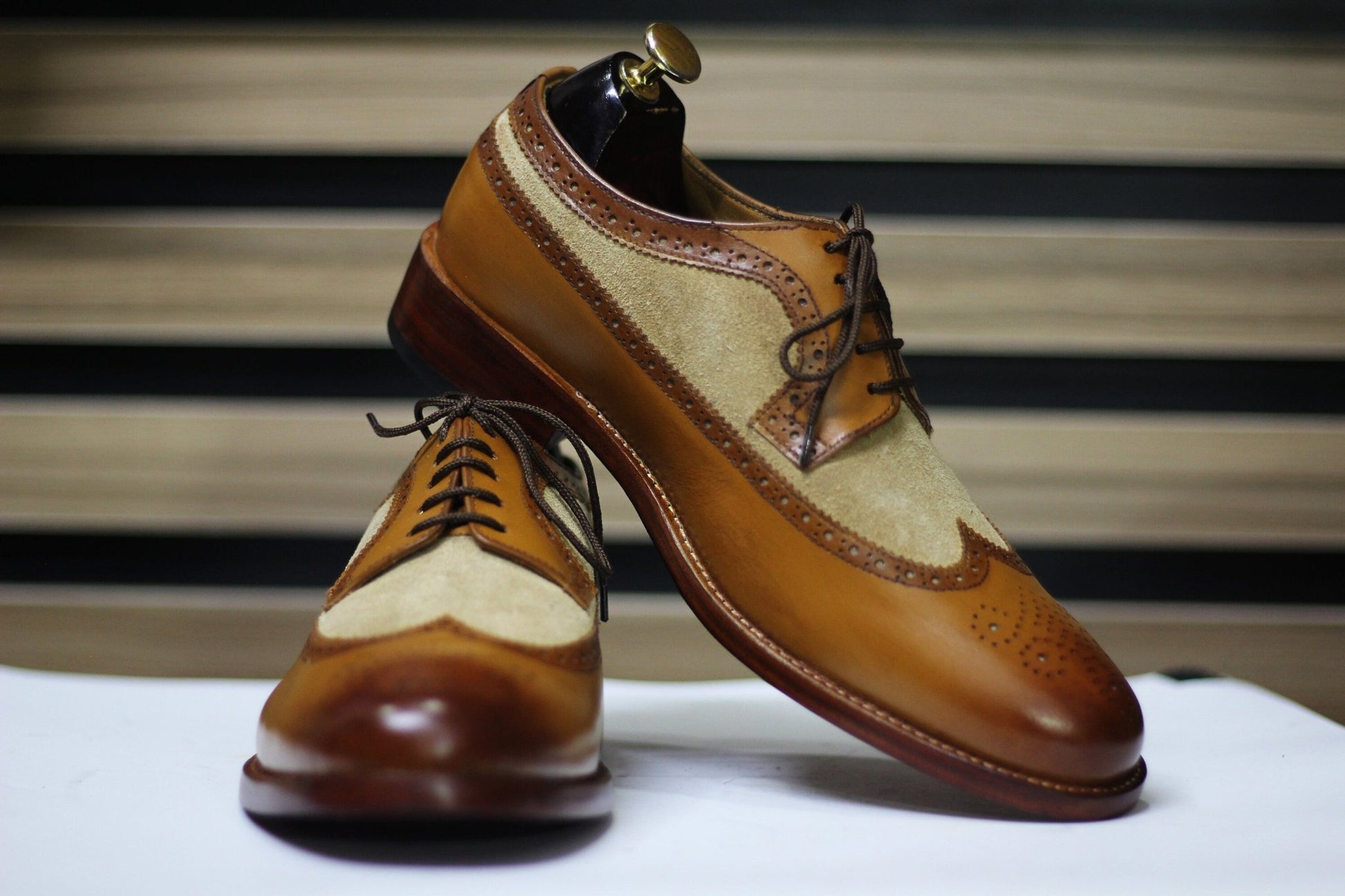 Handmade Wing Tip Brogue Oxford Two Tone Leather & Suede Shoes, Brown Shoes For Men's - Posh Footwear