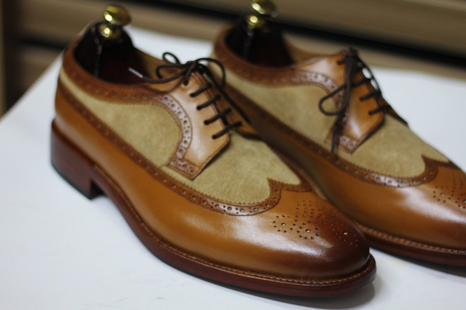 Handmade Wing Tip Brogue Oxford Two Tone Leather & Suede Shoes, Brown Shoes For Men's - Posh Footwear
