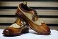 Handmade Wing Tip Brogue Oxford Two Tone Leather & Suede Shoes, Brown Shoes For Men's - Posh Footwear
