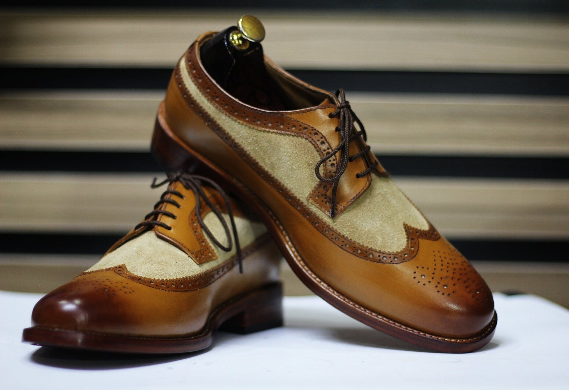 Handmade Wing Tip Brogue Oxford Two Tone Leather & Suede Shoes, Brown Shoes For Men's - Posh Footwear