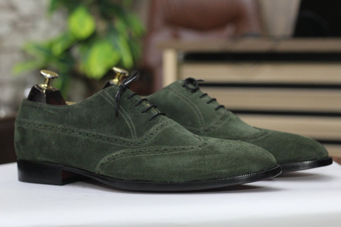Handmade Men's Wing Tip Green Leather Shoes – Elegant Formal Brogues