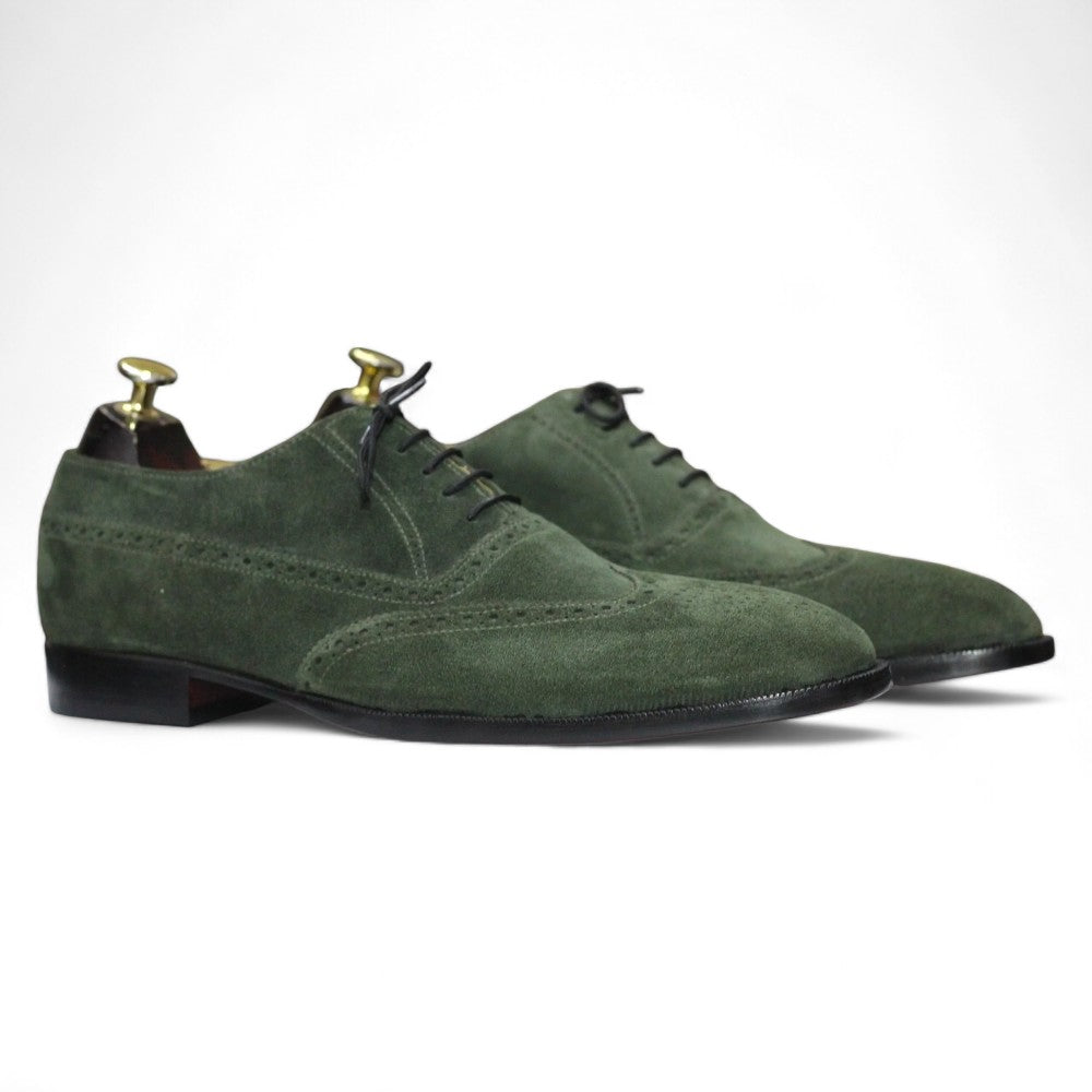 Handmade Men's Wing Tip Green Leather Shoes – Elegant Formal Brogues