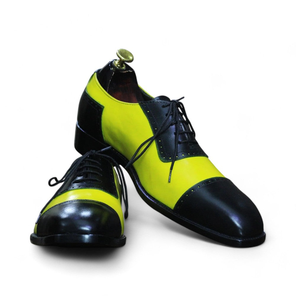 Handmade Yellow & Black Genuine Cow - Hide Leather Cap Toe Shoes For Men, Oxfords Dress Formal Lace Up Shoes For Mens - Posh Footwear