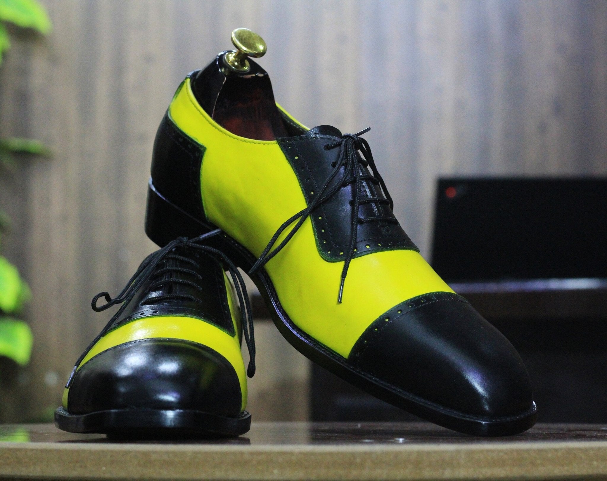 Handmade Yellow & Black Genuine Cow - Hide Leather Cap Toe Shoes For Men, Oxfords Dress Formal Lace Up Shoes For Mens - Posh Footwear