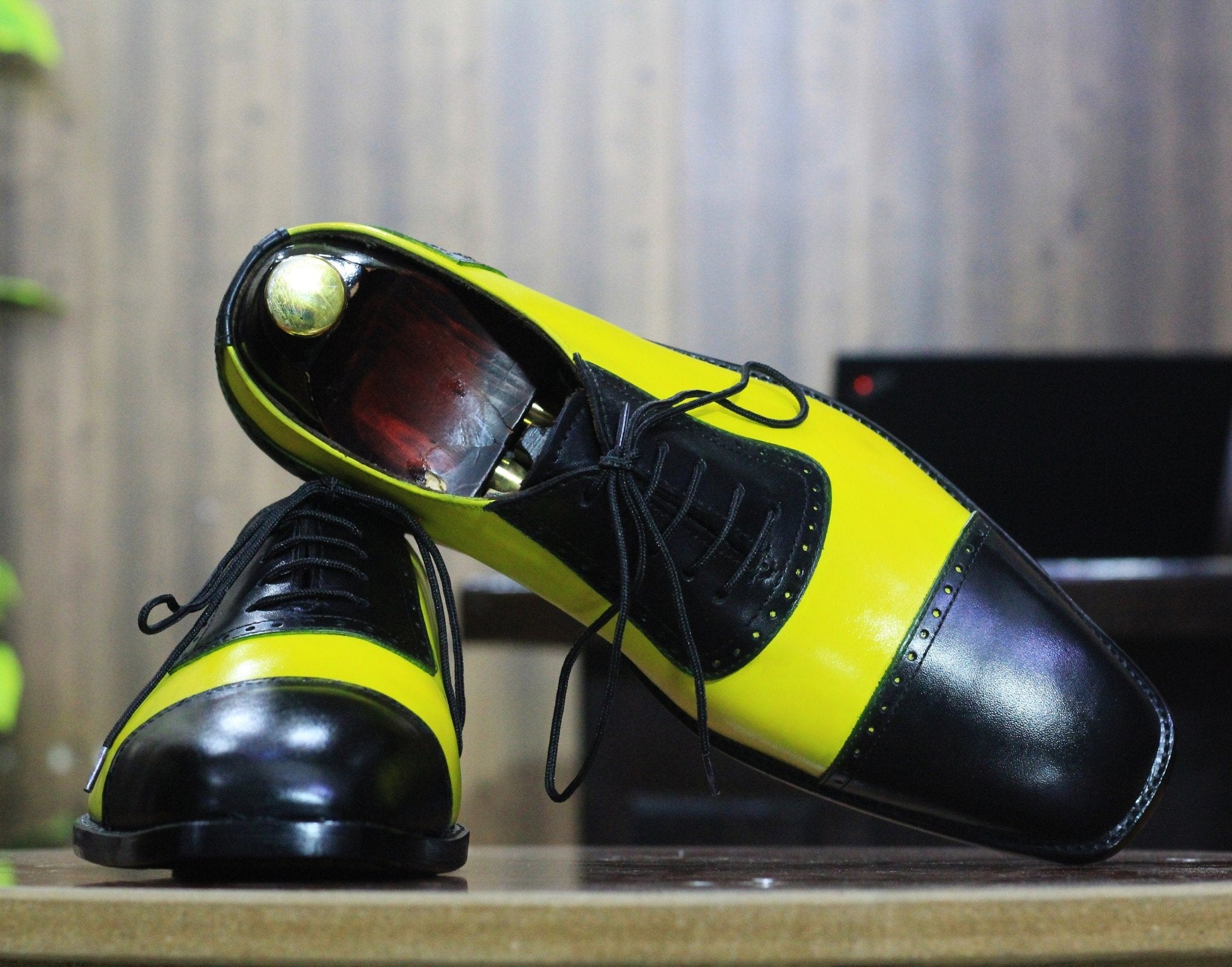 Handmade Yellow & Black Genuine Cow - Hide Leather Cap Toe Shoes For Men, Oxfords Dress Formal Lace Up Shoes For Mens - Posh Footwear