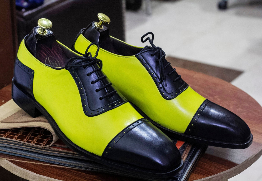 Handmade Yellow & Black Genuine Cow - Hide Leather Cap Toe Shoes For Men, Oxfords Dress Formal Lace Up Shoes For Mens - Posh Footwear