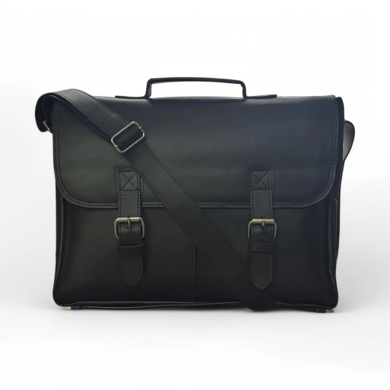 Black Leather Double Pocket Messenger bag front side 