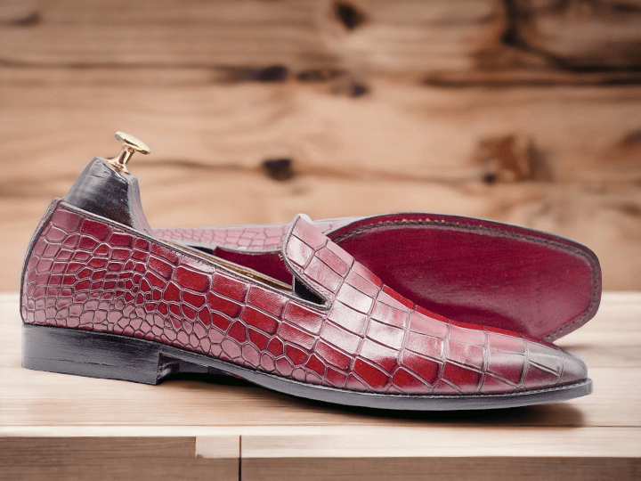 Handmade Red Alligator Texture Slip On Loafer Shoes