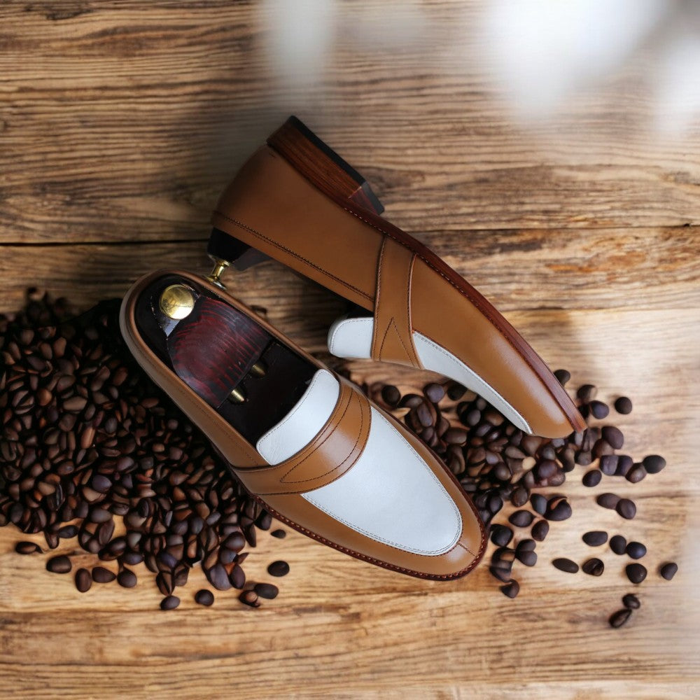 Men's brown and white penny loafers, handmade with premium leather, featuring a round toe and slip-on design, perfect for casual or semi-formal wear.