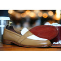 Men's brown and white penny loafers, handmade with premium leather, featuring a round toe and slip-on design, perfect for casual or semi-formal wear.