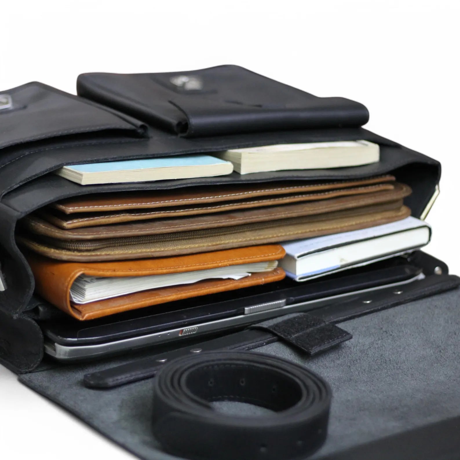 inside view of full grain black leather bag 
