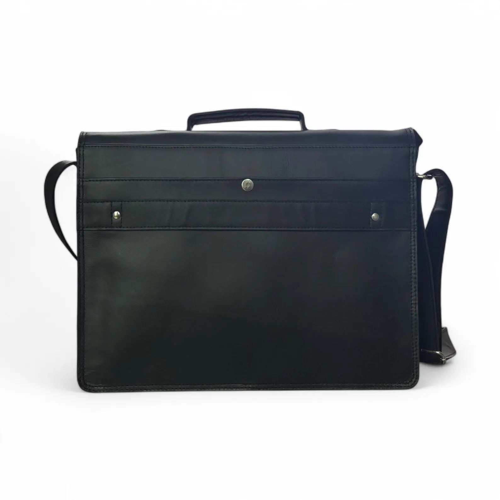 Back Side Briefcase shown Black crossbody with adjustable strap