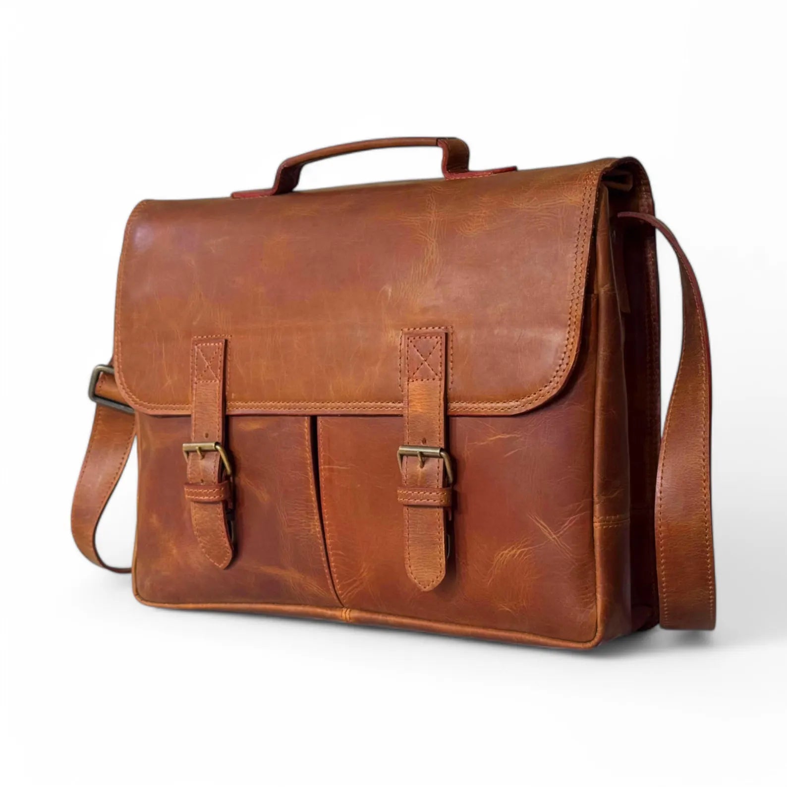 Brown side Leather Double Pocket Messenger bag front side 