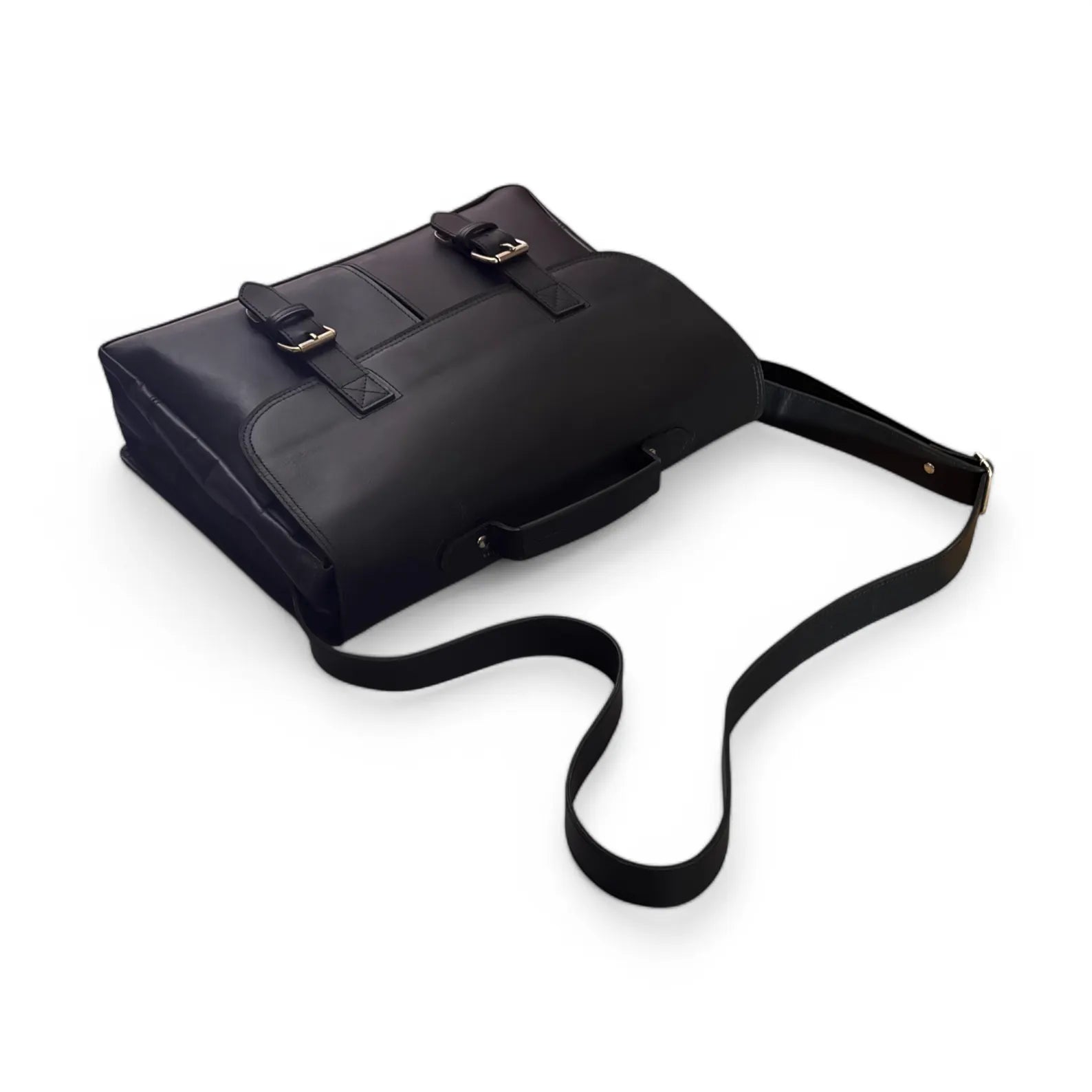 top view Black Leather Double Pocket Messenger bag front side 