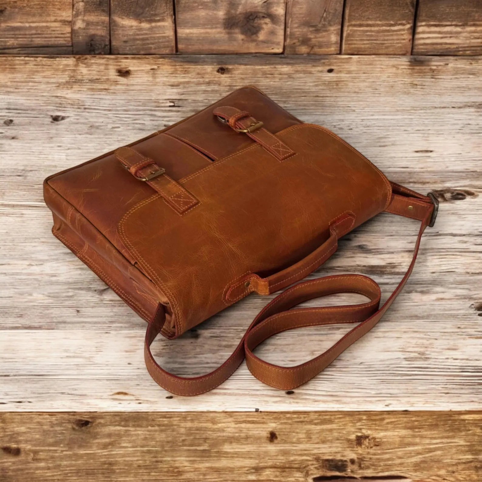 brown Leather Double Pocket Messenger bag front side 