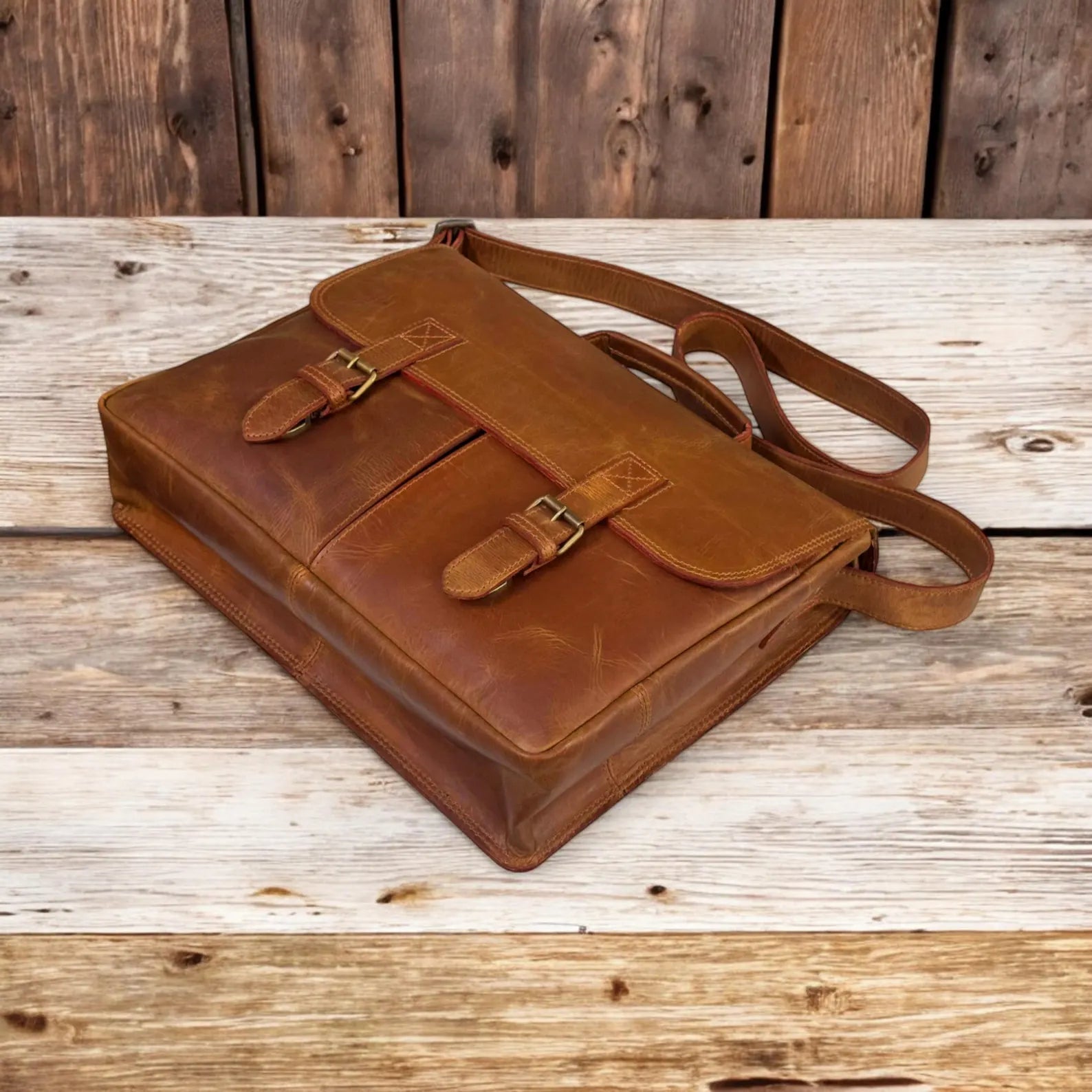 brown bottom Leather Double Pocket Messenger bag front side 